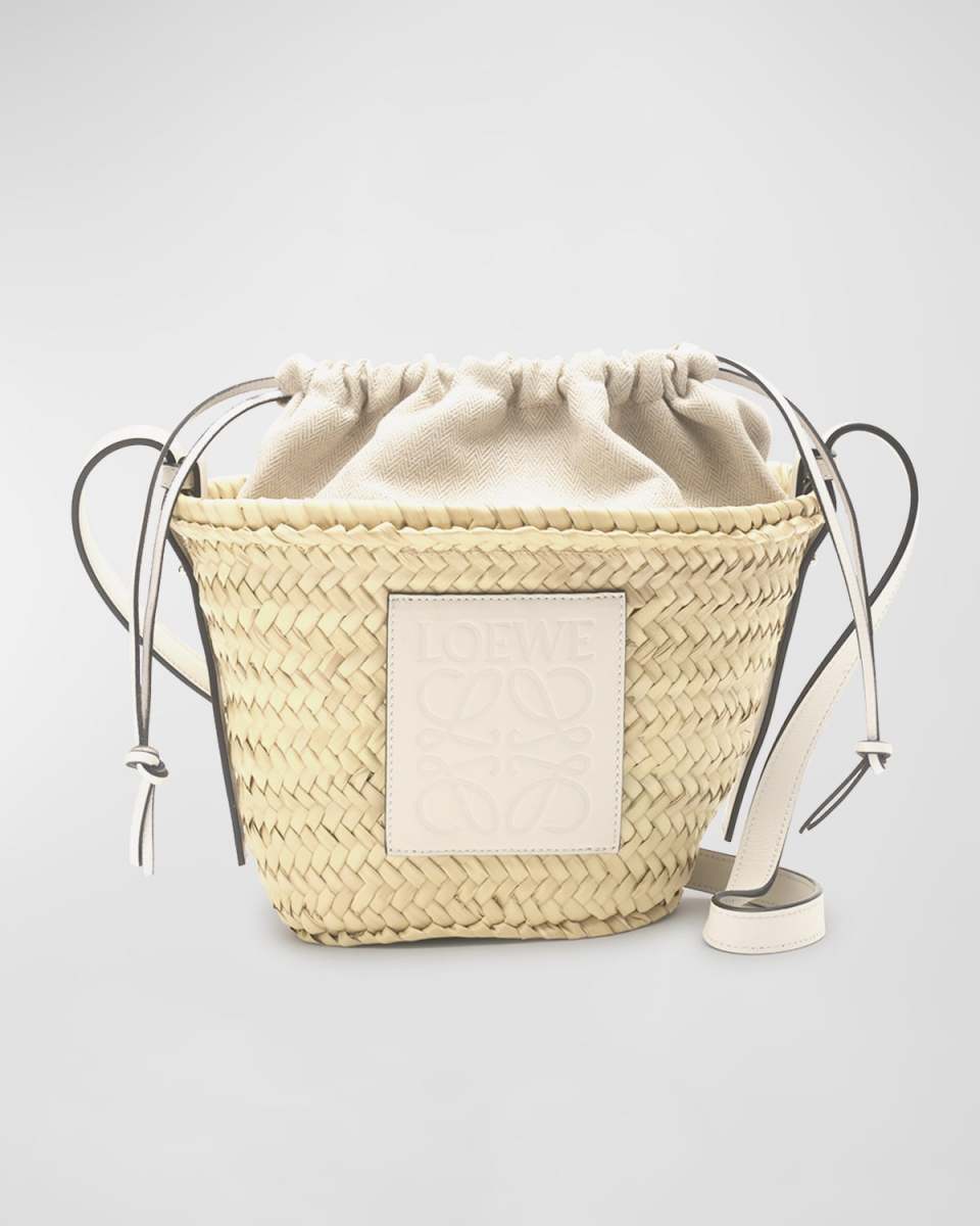 x Paula's Ibiza Basket Bucket Bag in Palm Leaf with Drawstring Pouch and Leather Strap